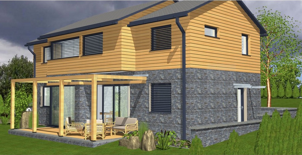 3D vizualizace rodinného domu kamenná fasáda 2